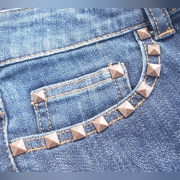 Y2K CACHE PREMIUM Straight Leg Baby Boot Dark Wash Studded Bling Retro Jeans!! - Picture 8 of 10